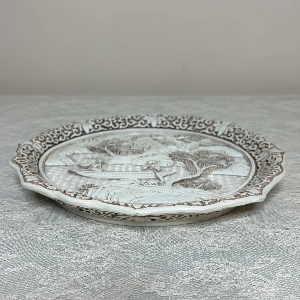 Vintage Asian Plate Ivory Dynasty Carved Art Sculpture Vintage Picture Plate